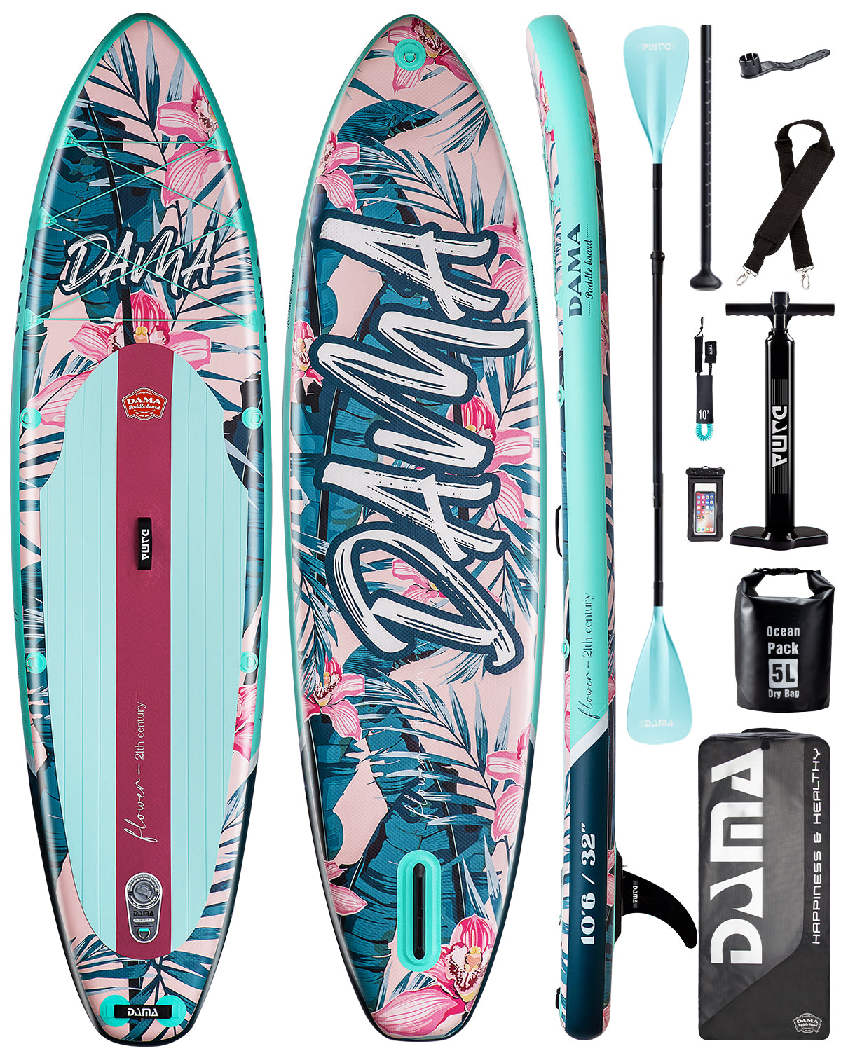 DAMA Stand Up Paddle Boards 10'6"*32"*6" Drop Stitch Inflatable Board Sup Boards Classic Flower W/Camera Mount, Pump, for Surfing, Travling, Yoga