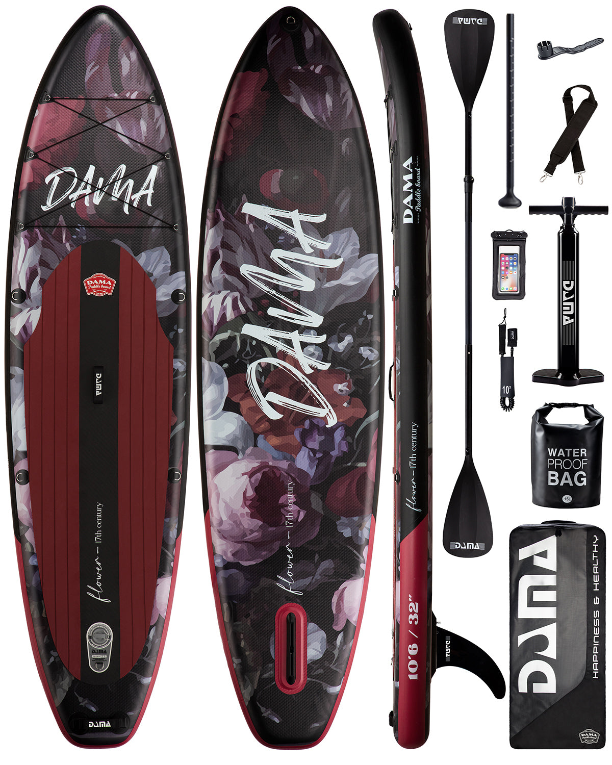 DAMA Stand Up Paddle Boards 10'6"*32"*6" Drop Stitch Inflatable Board Sup Boards Classic Flower W/Camera Mount, Pump, for Surfing, Travling, Yoga
