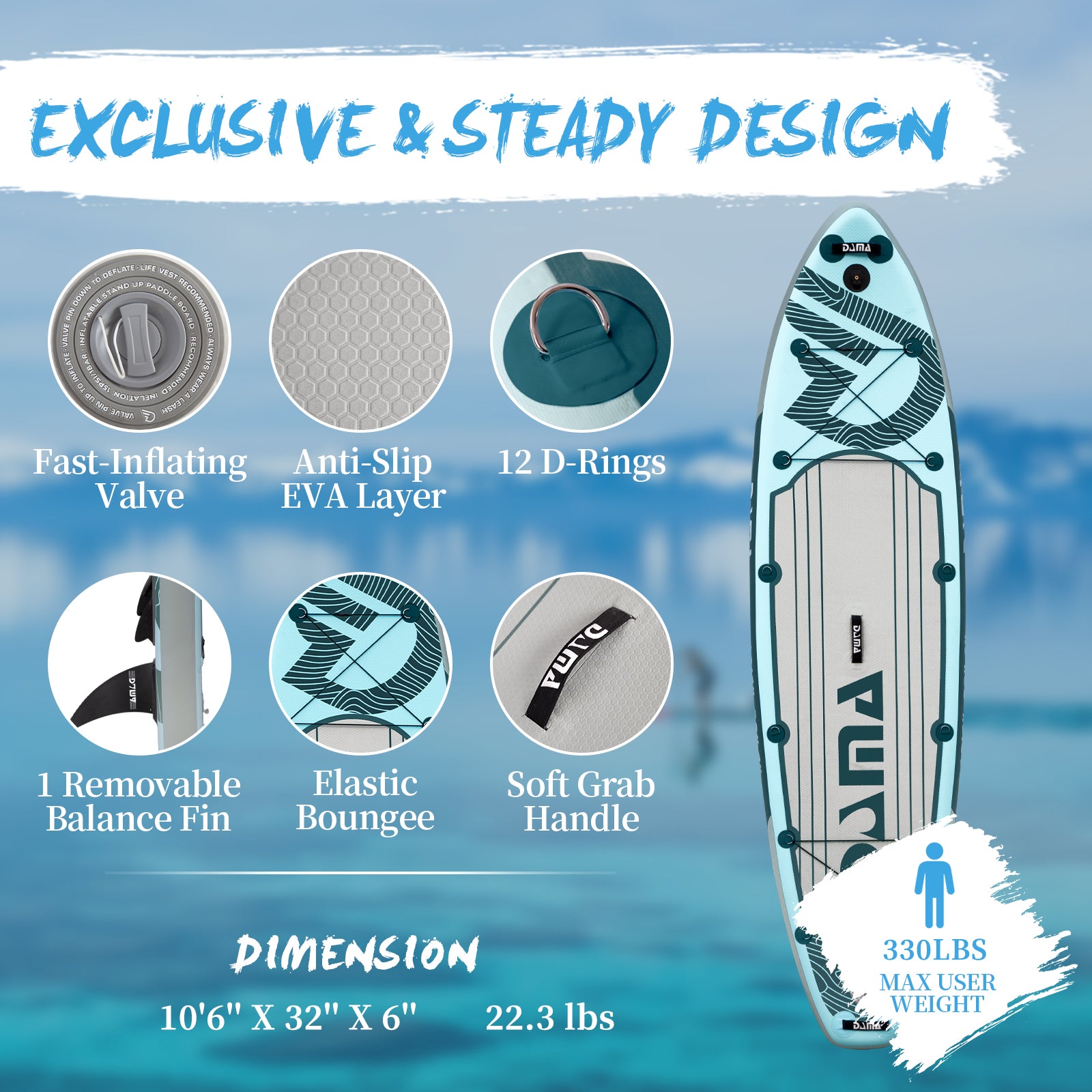 DAMA 10'6"x32"x6" Premium Inflatable Paddle Board with Durable SUP Accessories, Wide Stance, Surf Control, Non-Slip Deck, Paddle and Pump