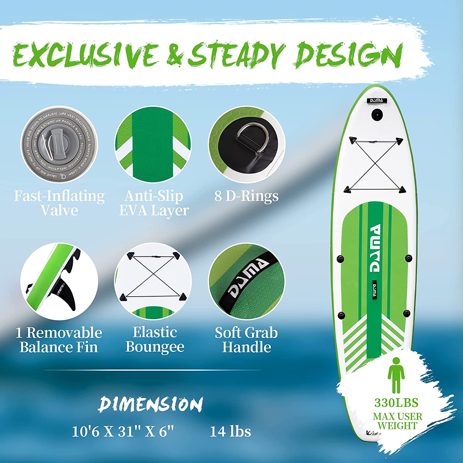 DAMA Inflatable Stand Up Paddle Boards, 10'6“×31"×6" Ultra-Light, Camera Mount, Adjustable Paddle, Pump, ISUP Travel Backpack, Waterproof Bag