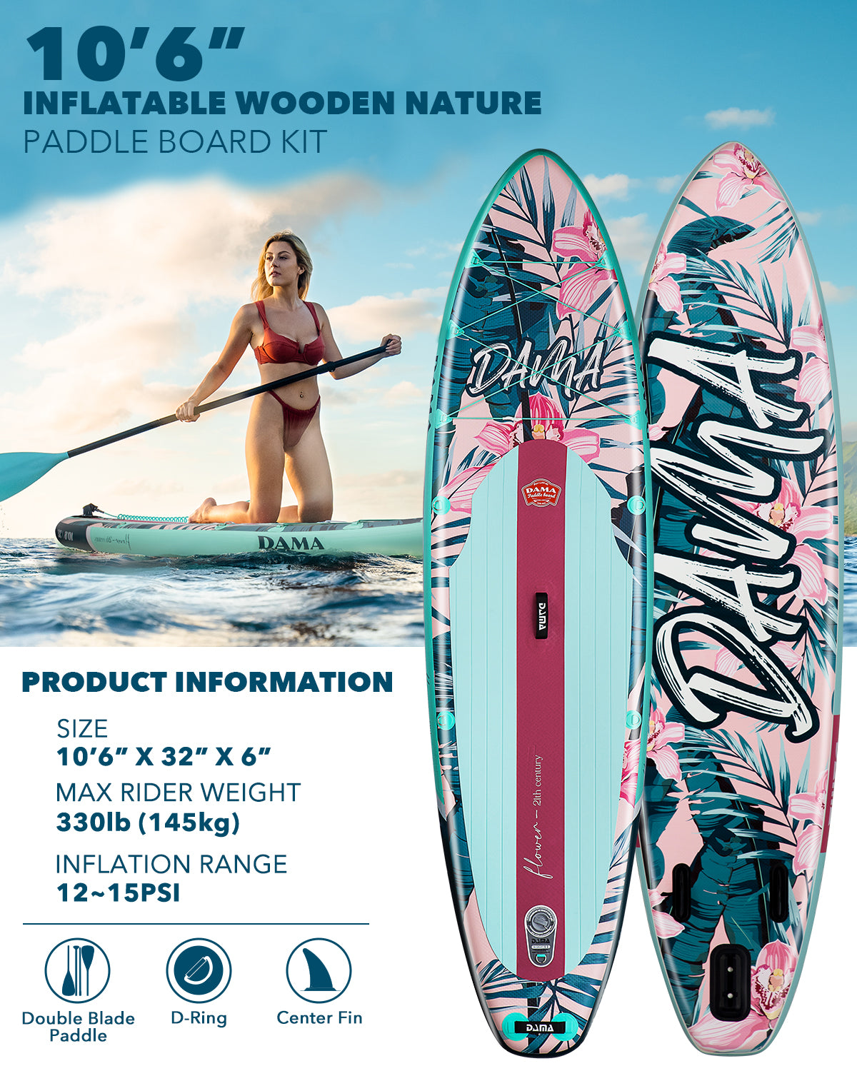 DAMA Stand Up Paddle Boards 10'6"*32"*6" Drop Stitch Inflatable Board Sup Boards Classic Flower W/Camera Mount, Pump, for Surfing, Travling, Yoga