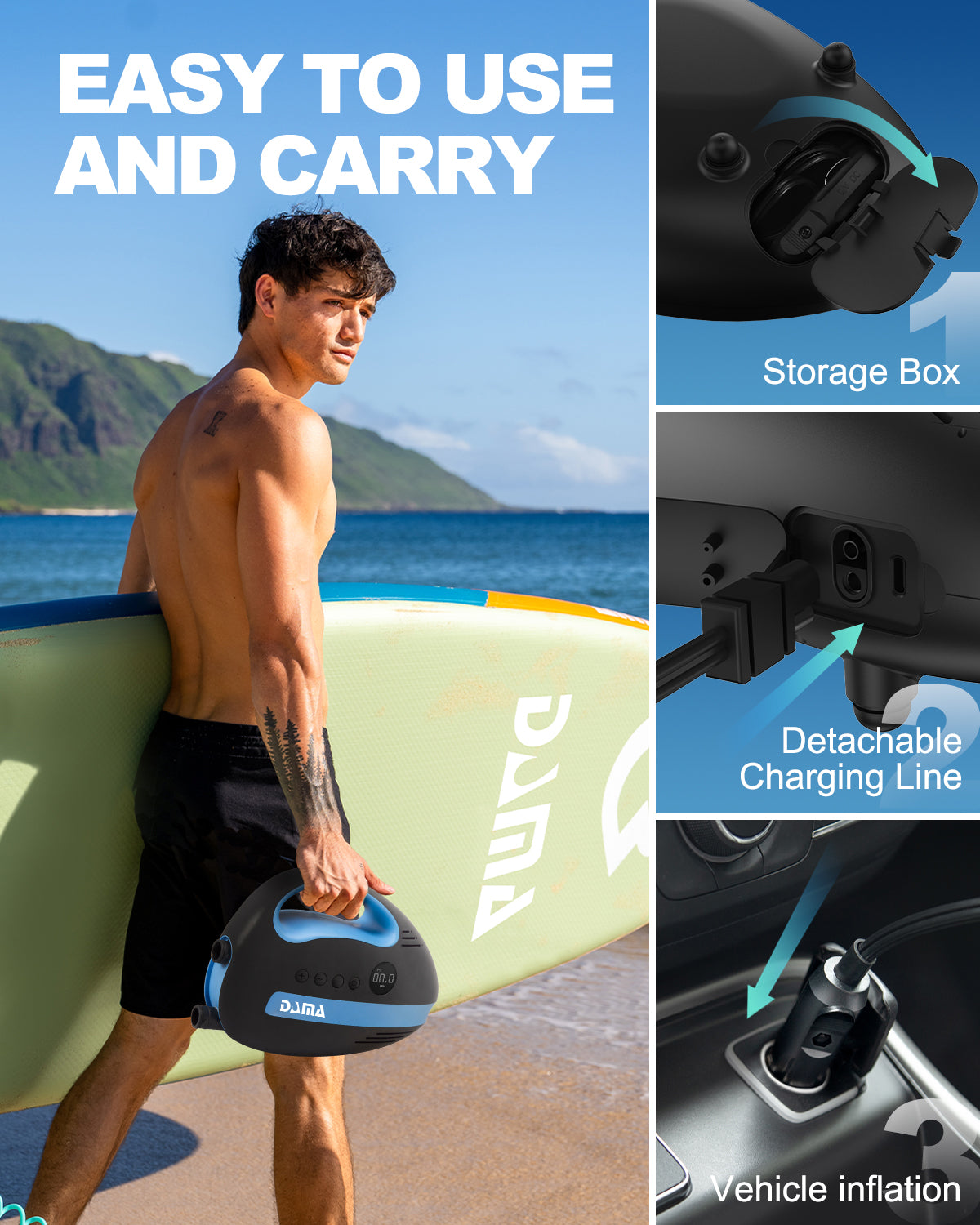 DAMA 20 PSI Sup Pump Electric, Fan Cooling System & LED Screen, Intelligent Dual Stage Inflation & Auto-Off, 12V Car Connector Small Air Pump