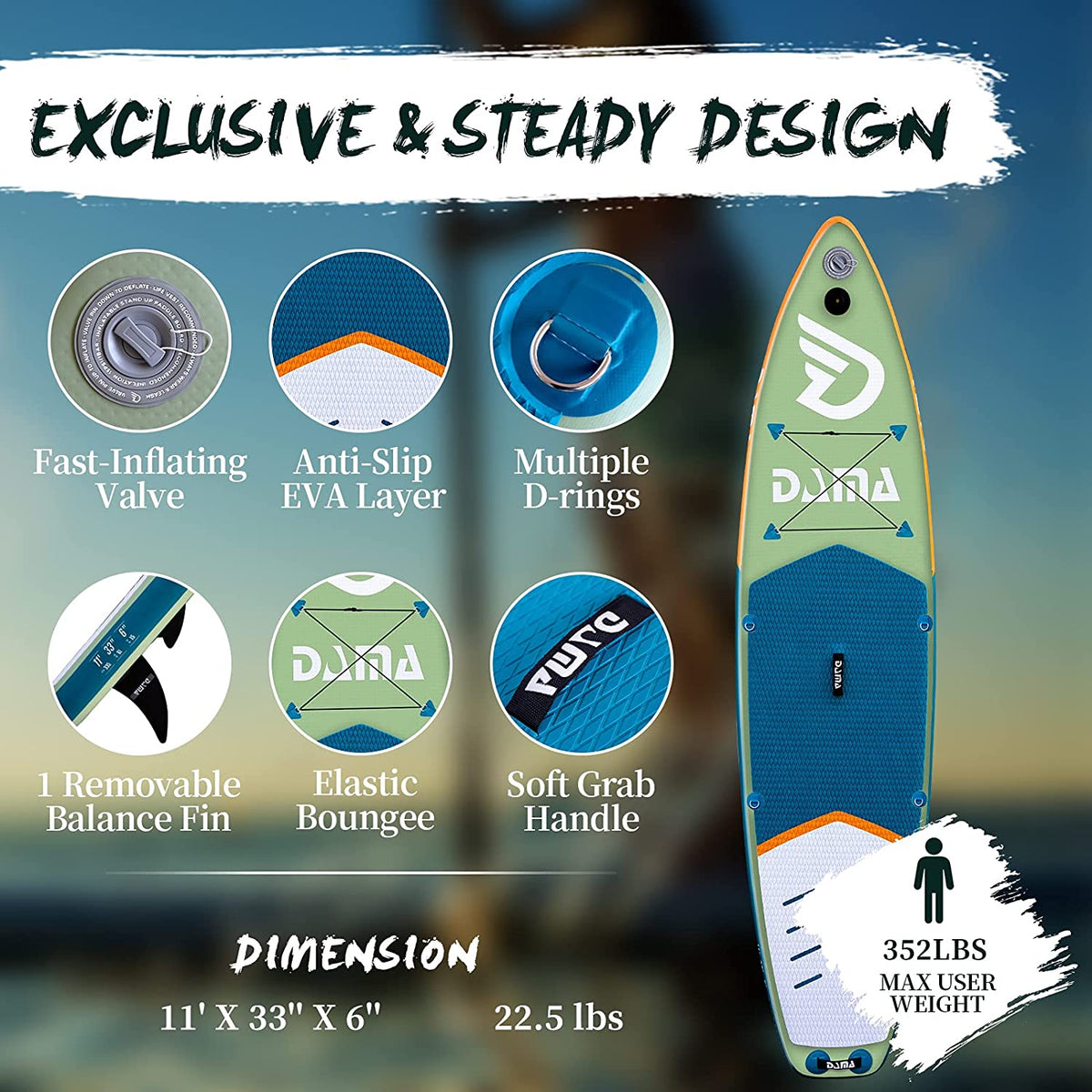 DAMA Inflatable Stand Up Paddle Board, Dry Bags, Camera Seat, Floating Paddle, Hand Pump, Board Carrier, Durable & Stable for Multiple People