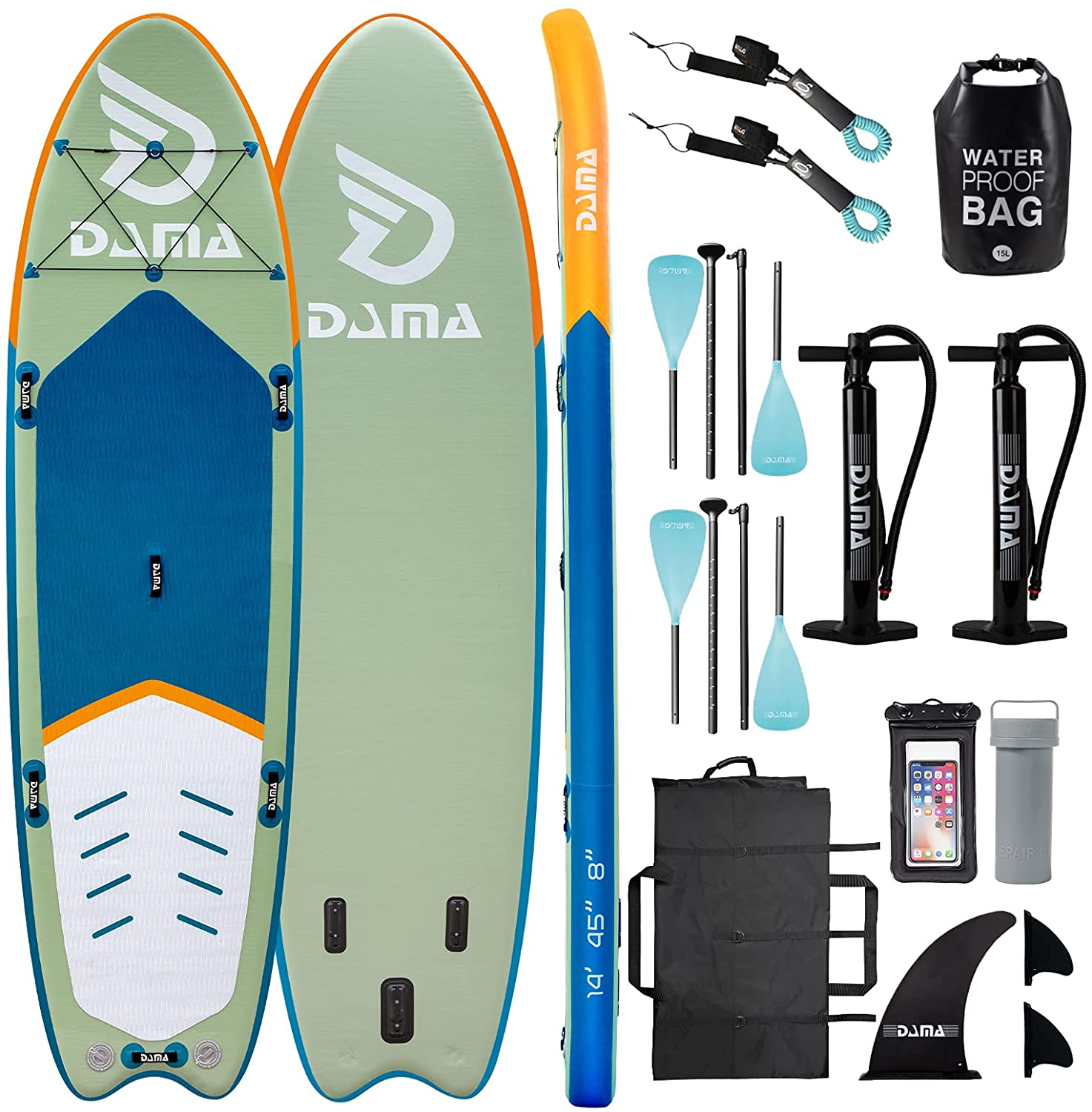 DAMA Inflatable Stand Up Paddle Board, Dry Bags, Camera Seat, Floating Paddle, Hand Pump, Board Carrier, Durable & Stable for Multiple People