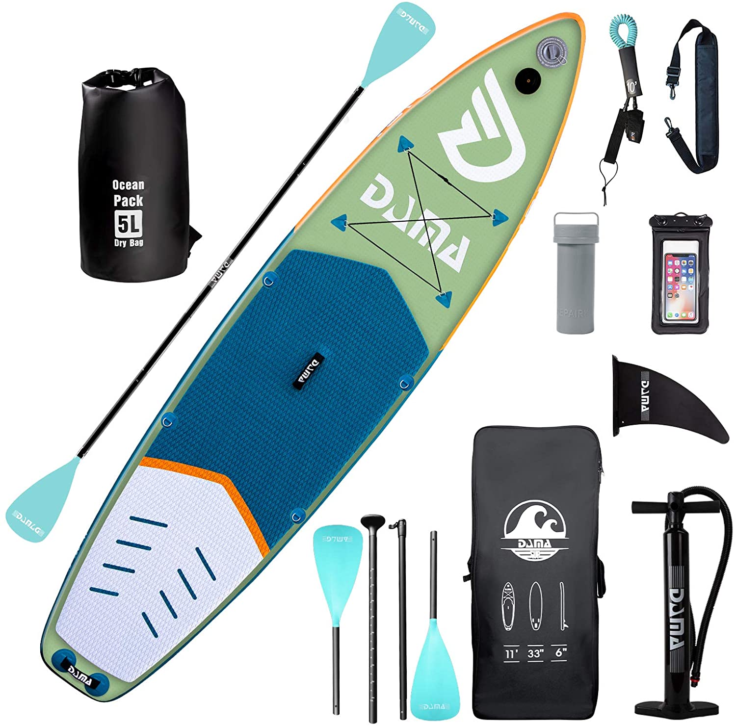 DAMA Inflatable Stand Up Paddle Board, Dry Bags, Camera Seat, Floating Paddle, Hand Pump, Board Carrier, Durable & Stable for Multiple People